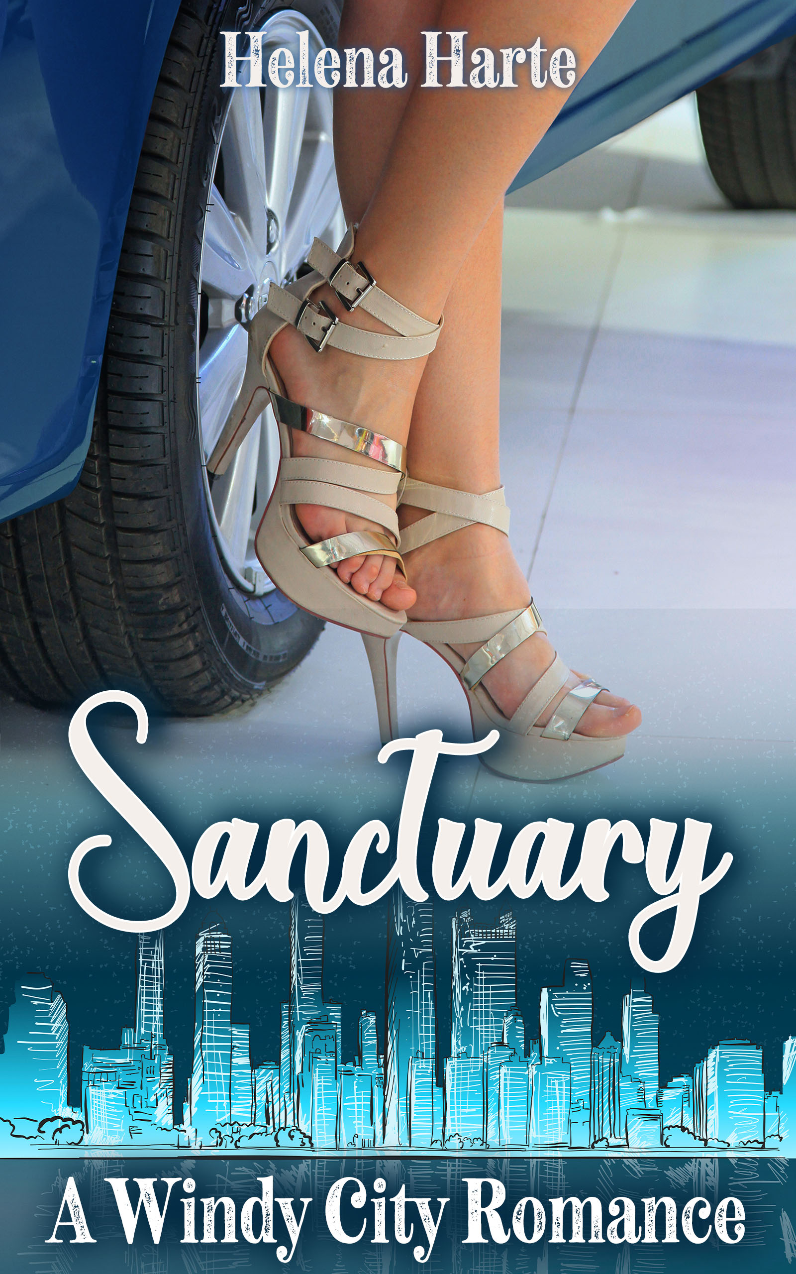Cover image of sapphic romance novel, Sanctuary. Woman's legs in heels standing in front of a sports car.